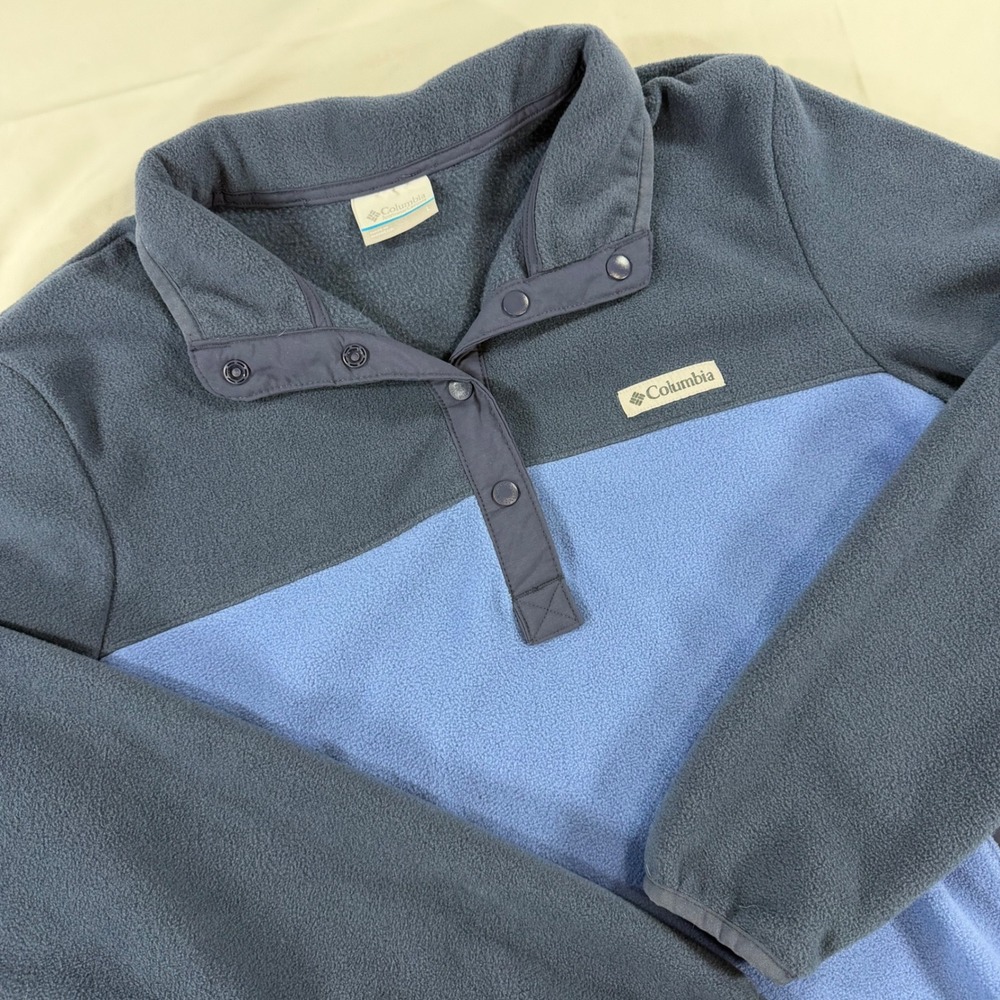 Columbia Womens Blue Colorblock Fleece Snap Pullover Sweater Size Lg Muff Pocket